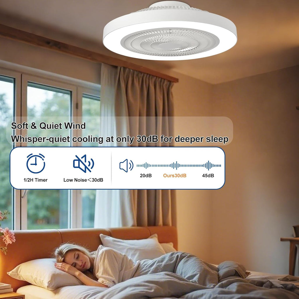 Modern Ceiling Fan with Light: 19" Bladeless Flush Mount Low Profile LED Ceiling Fans with Remote APP Control - White Enclosed Fandelier Dimmable Quiet for Bedroom Kids Room Apartment Loft