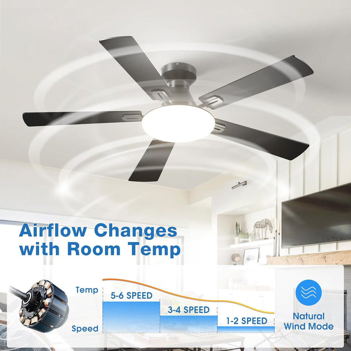 52 Inch Black Low Profile Ceiling Fans with Lights and Remote