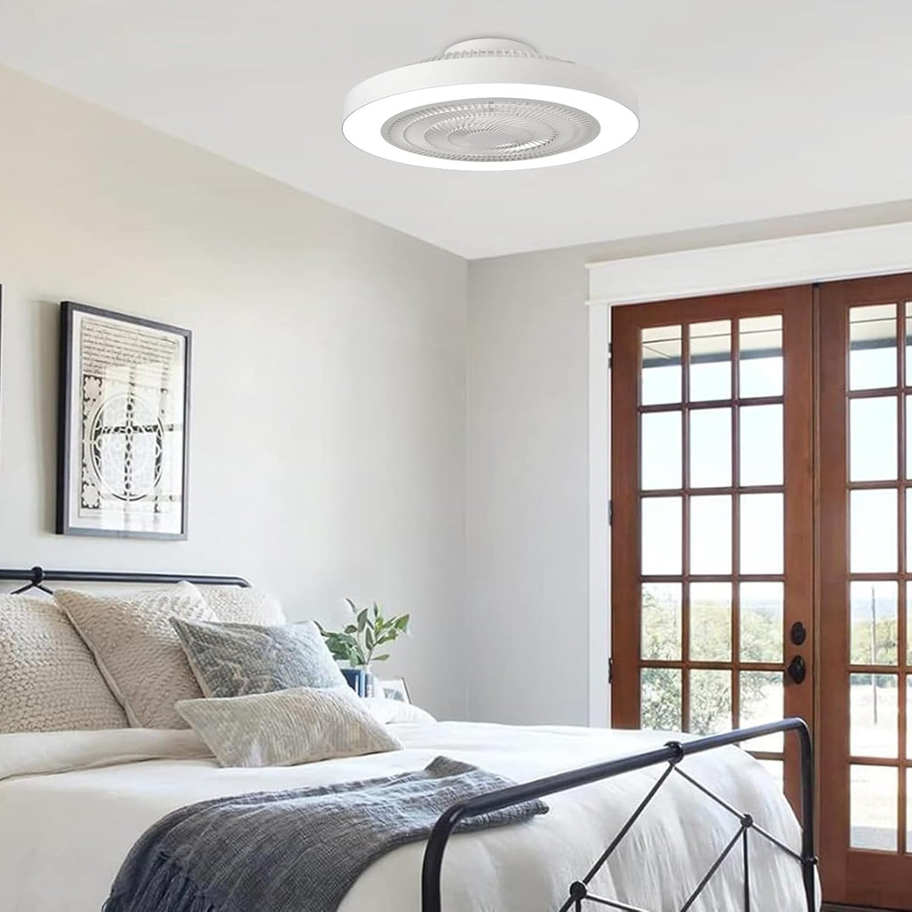 Modern Ceiling Fan with Light: 19" Bladeless Flush Mount Low Profile LED Ceiling Fans with Remote APP Control - White Enclosed Fandelier Dimmable Quiet for Bedroom Kids Room Apartment Loft