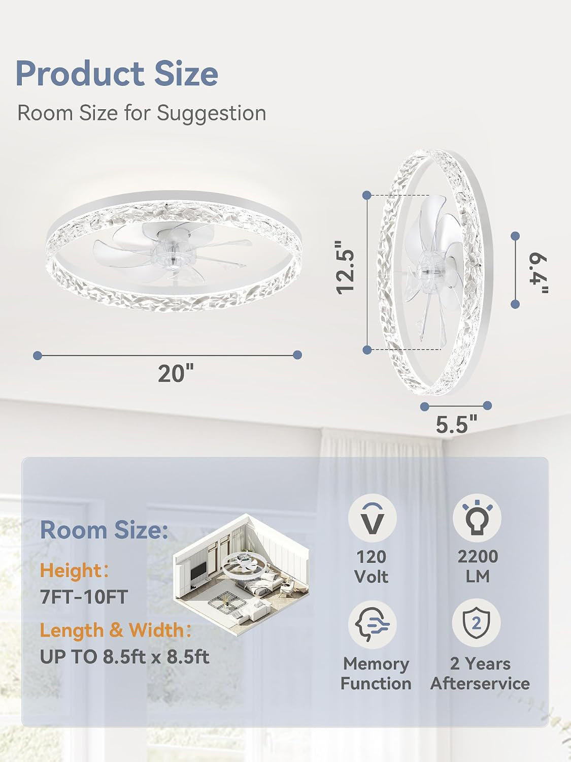 20" Modern Ceiling Fans with Lights and Remote, White Fandelier