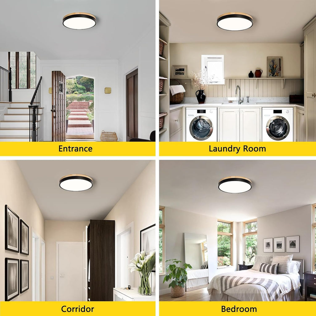 Modern Wood Black Flush Mount Ceiling Light 11.81 Inch