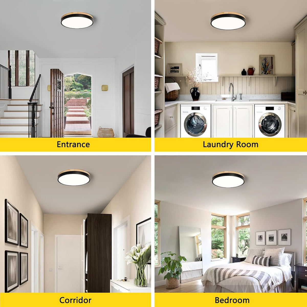 Modern Wood Black Flush Mount Ceiling Light 11.81 Inch