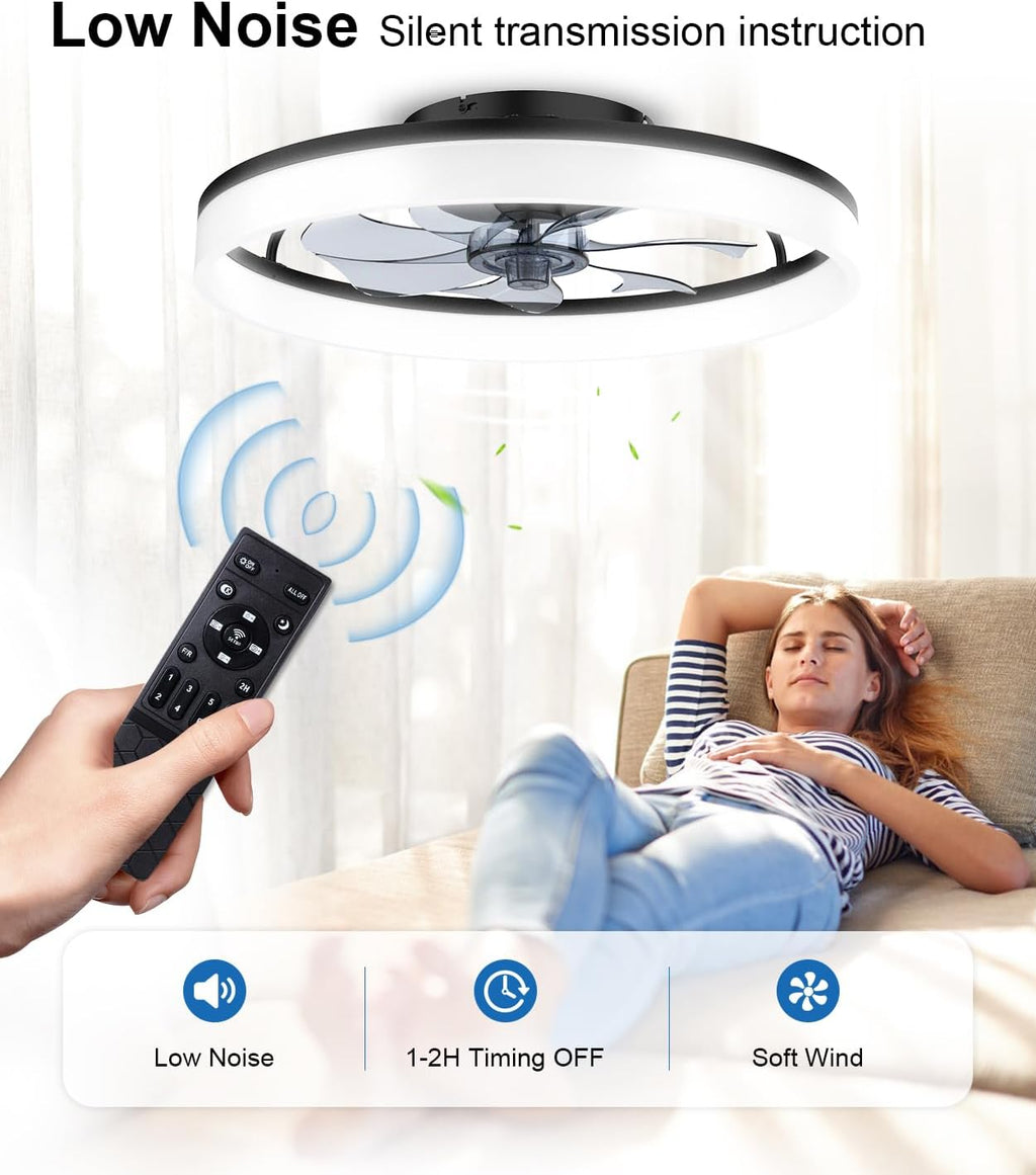 Ceiling Fans with Lights and Remote, 20" Modern Low Profile Ceiling Fan, 6-Speed Quiet Reversible Motor, Flush Mount LED Fan Light,Stepless Dimmable for Bedroom