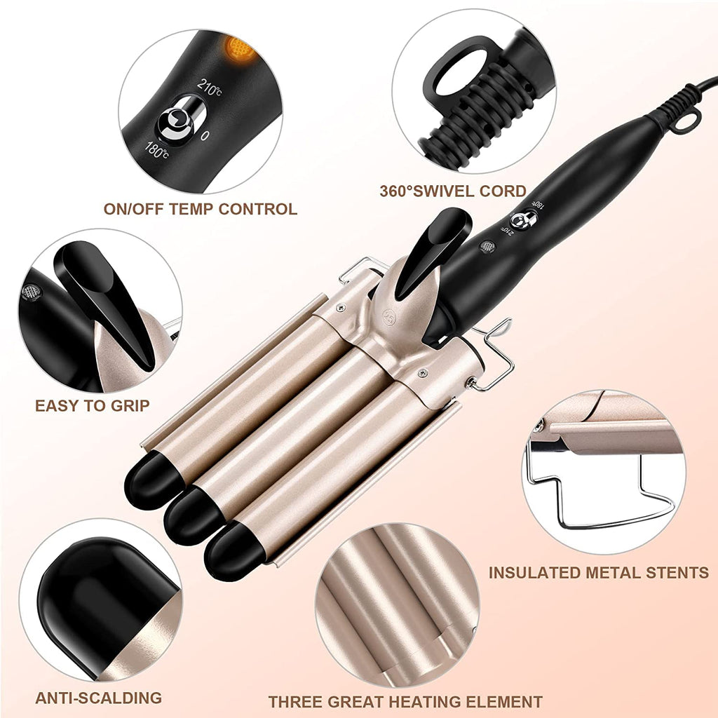 Morfone 22mm Triple Barrel Curling Iron with Ceramic Coating and Adjustable Temperature (Gold)