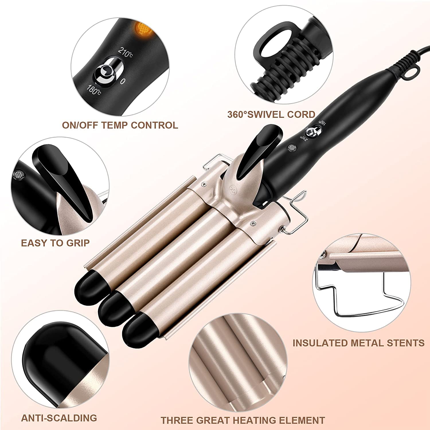 Morfone 22mm Triple-Temperature Adjustable Curling Iron Large barrel diameter design Suitable for all hair types Rapid heating (Gold)