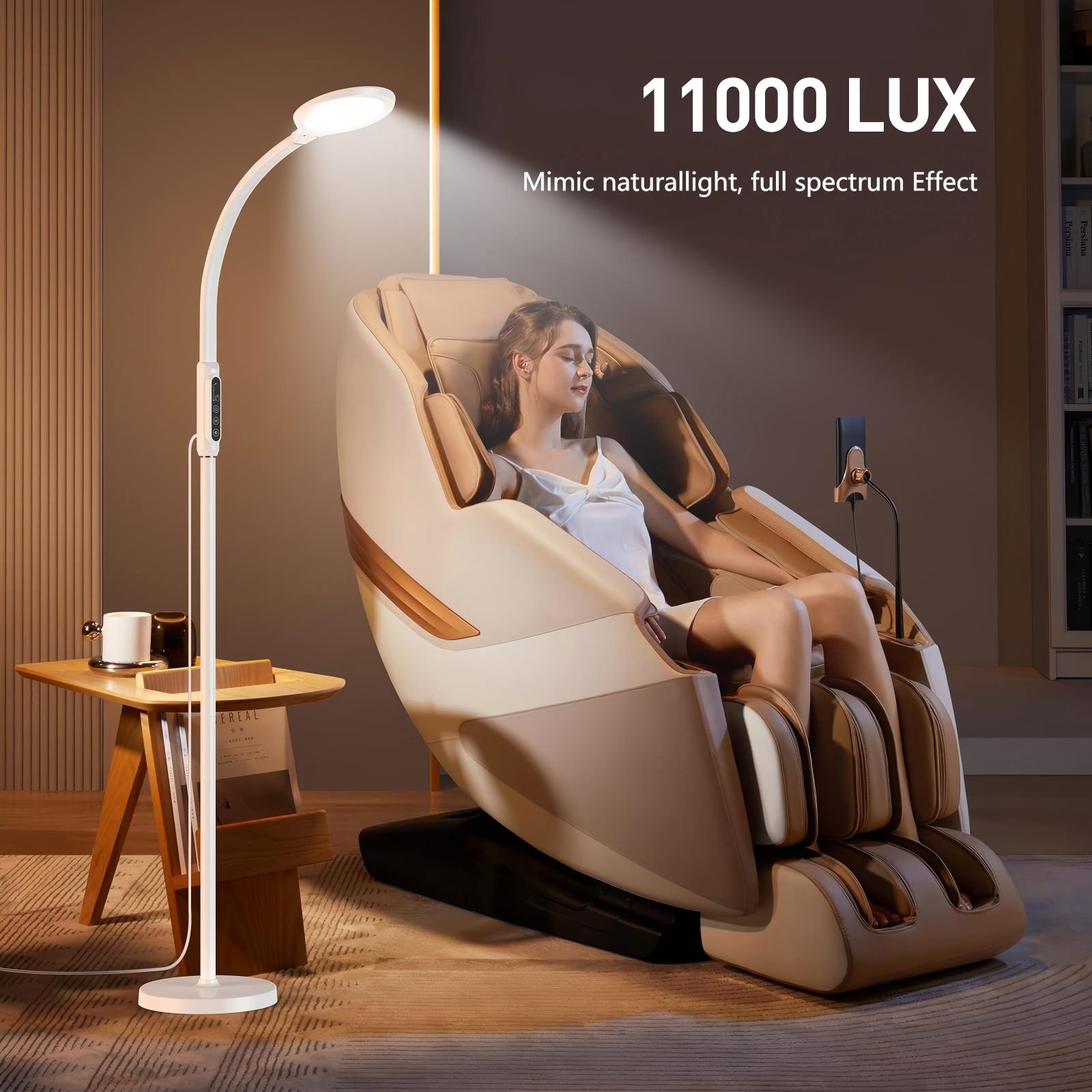 Morfone LED Full-Spectrum Happy Therapy Lamp. 10 adjustable brightness non-UV sunlight lamps, retractable floor-mounted phototherapy lamp