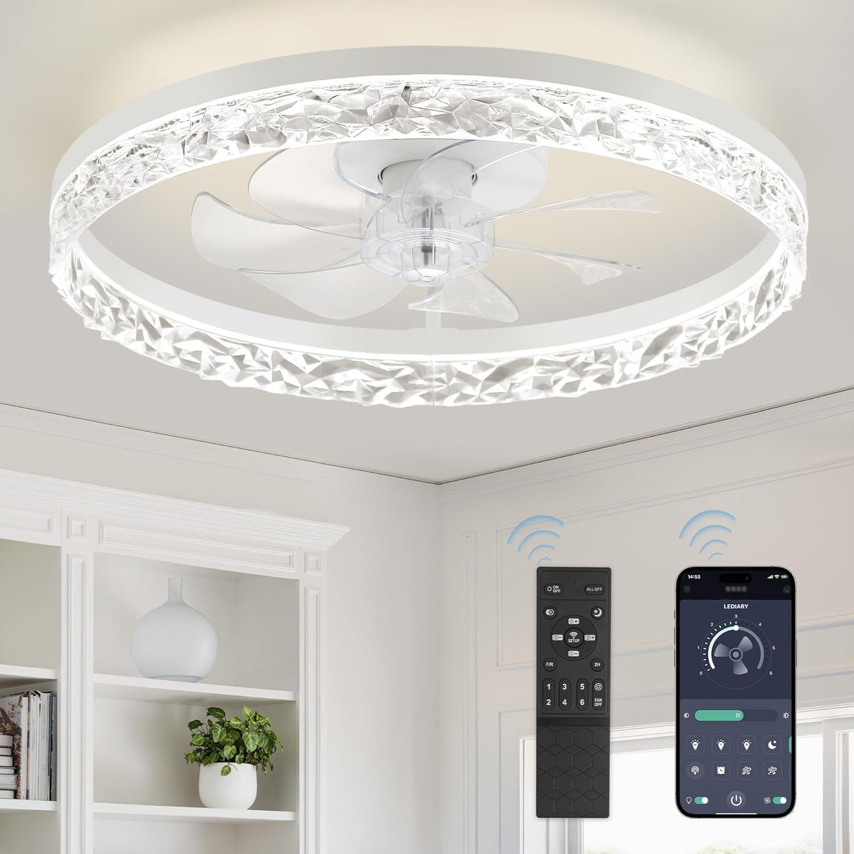 20" Modern Ceiling Fans with Lights and Remote, White Fandelier