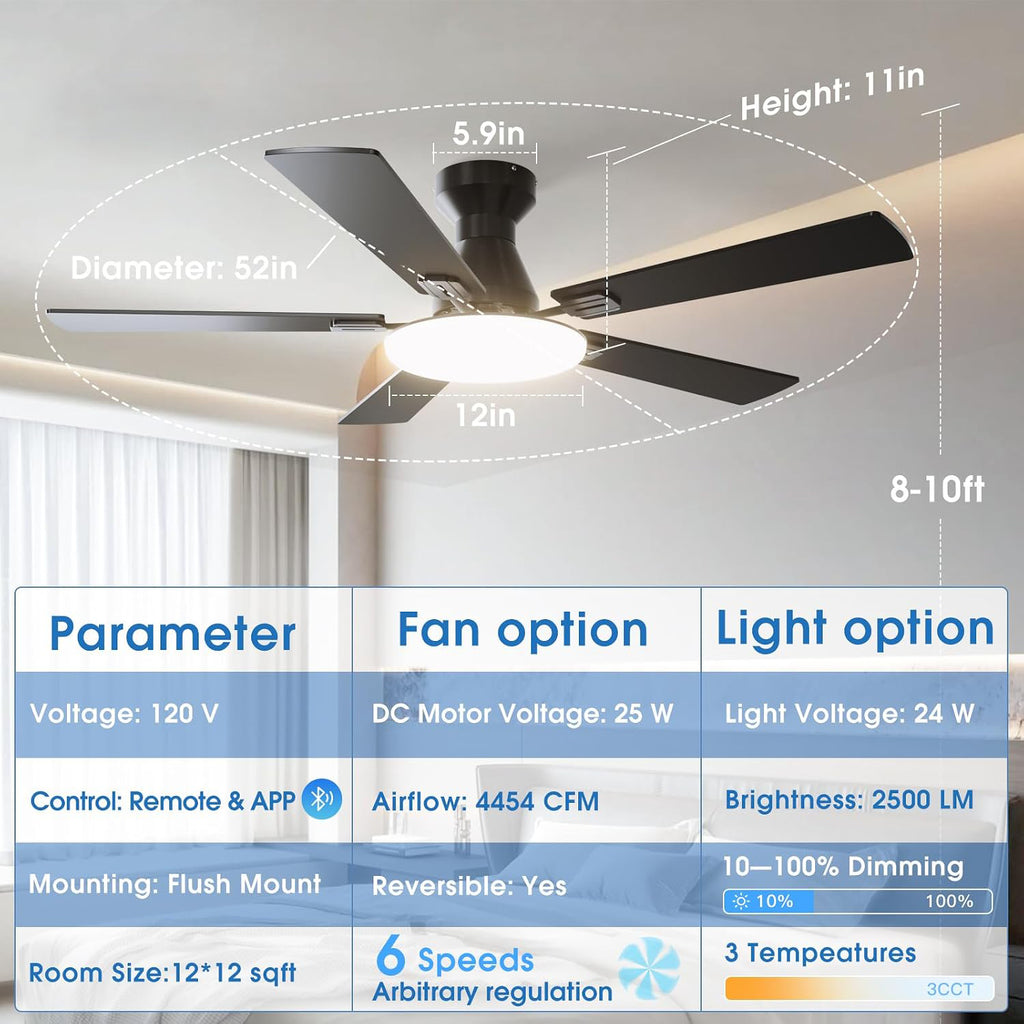 52 Inch Black Low Profile Ceiling Fans with Lights and Remote