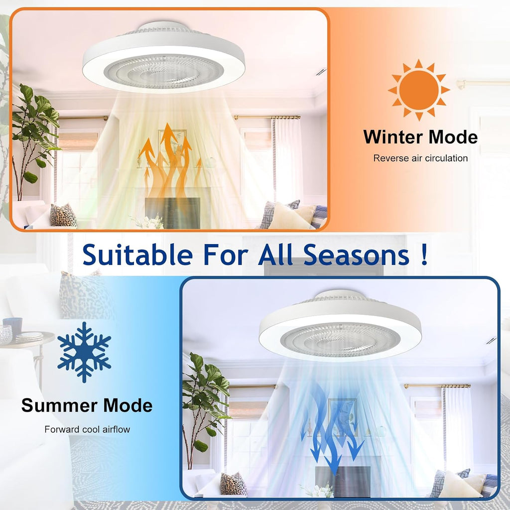 Modern Ceiling Fan with Light: 19" Bladeless Flush Mount Low Profile LED Ceiling Fans with Remote APP Control - White Enclosed Fandelier Dimmable Quiet for Bedroom Kids Room Apartment Loft