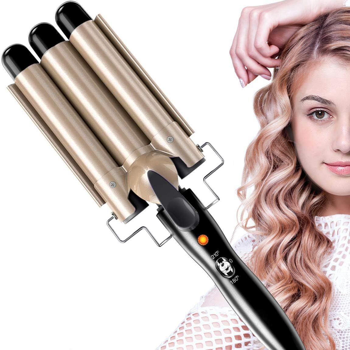 Morfone 22mm Triple-Temperature Adjustable Curling Iron Large barrel diameter design Suitable for all hair types Rapid heating (Gold)