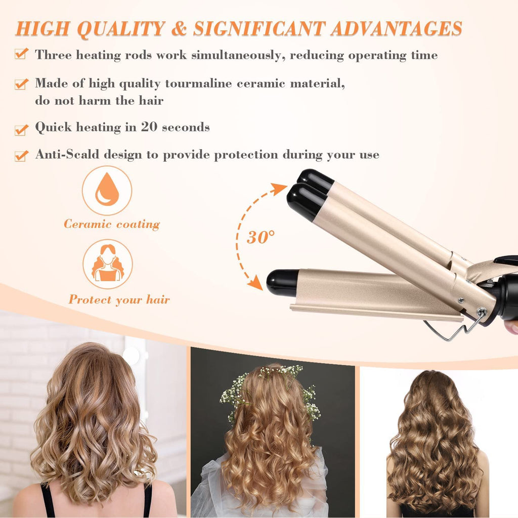 Morfone 22mm Triple Barrel Curling Iron with Ceramic Coating and Adjustable Temperature (Gold)