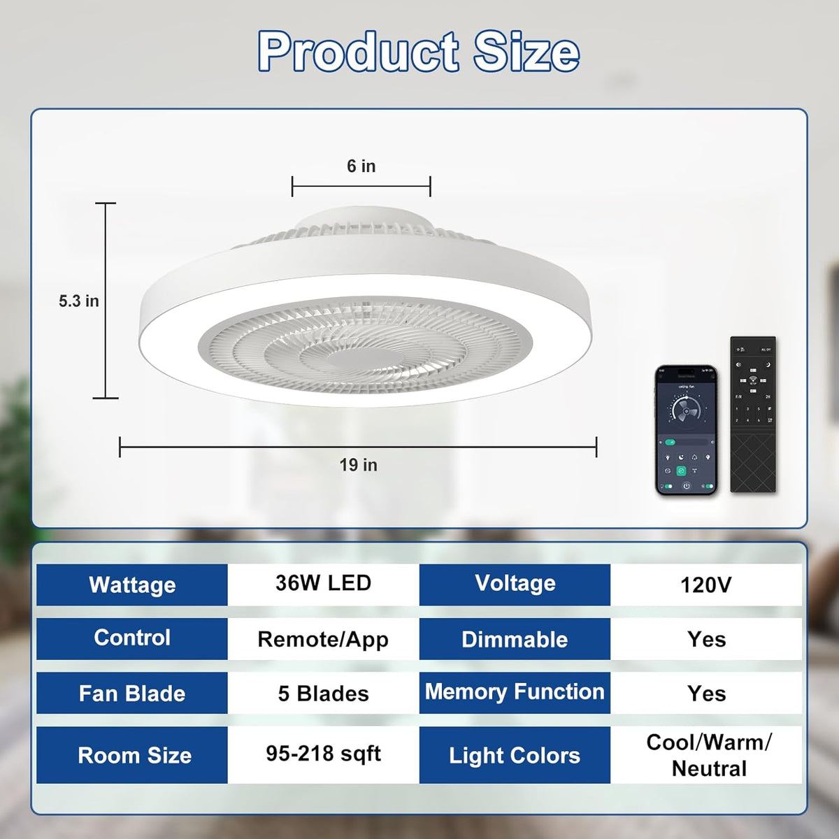 Modern Ceiling Fan with Light: 19" Bladeless Flush Mount Low Profile LED Ceiling Fans with Remote APP Control - White Enclosed Fandelier Dimmable Quiet for Bedroom Kids Room Apartment Loft