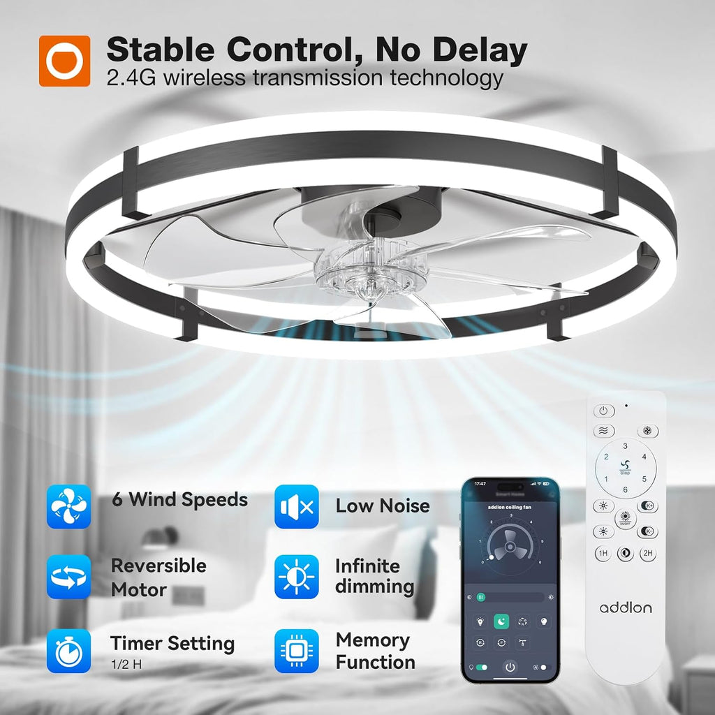 24" Low Profile Fandelier Ceiling Fans with Lights and Remote, Black