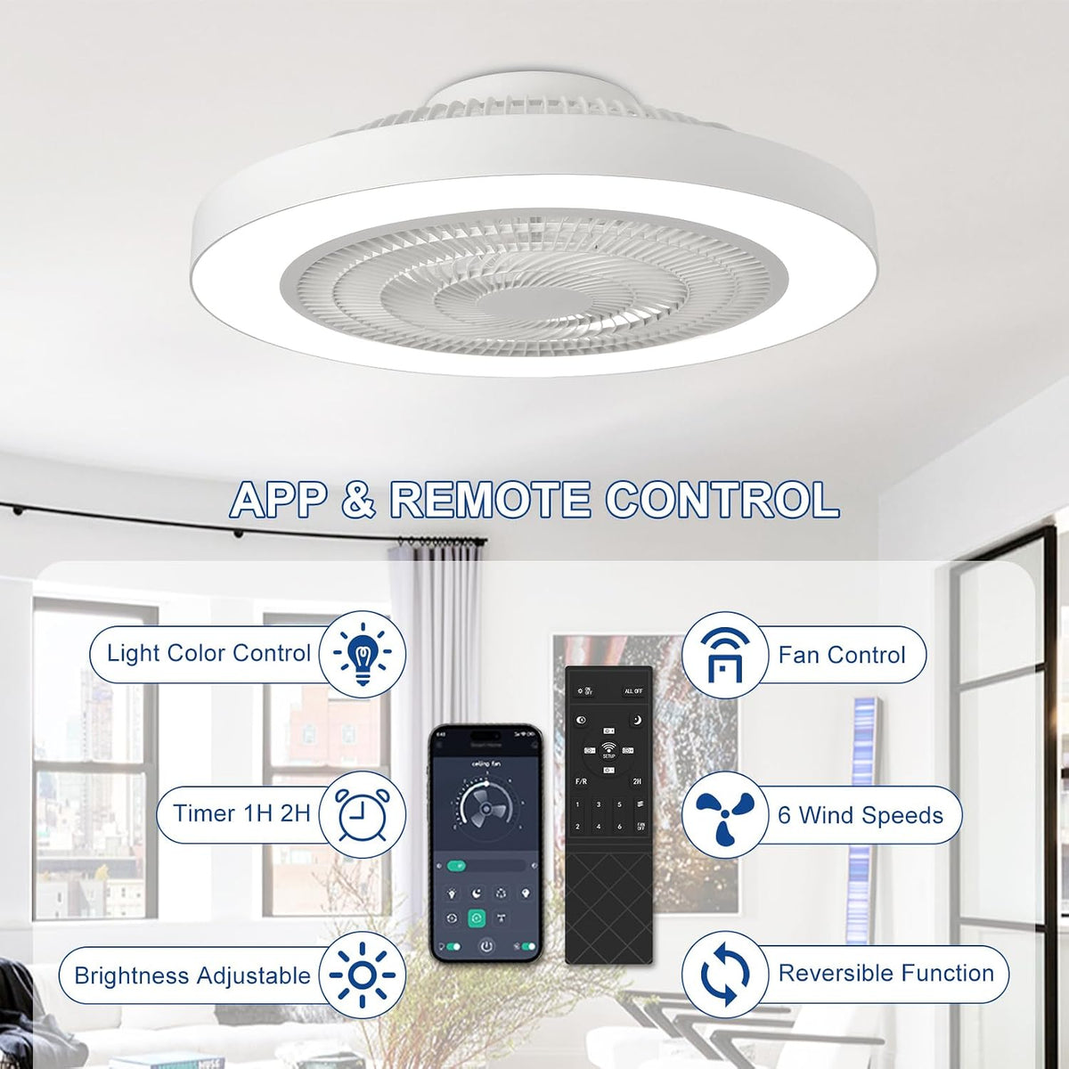 Modern Ceiling Fan with Light: 19" Bladeless Flush Mount Low Profile LED Ceiling Fans with Remote APP Control - White Enclosed Fandelier Dimmable Quiet for Bedroom Kids Room Apartment Loft