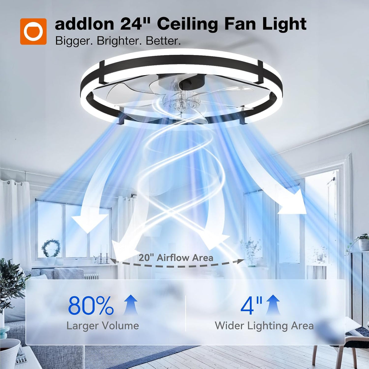 24" Low Profile Fandelier Ceiling Fans with Lights and Remote, Black