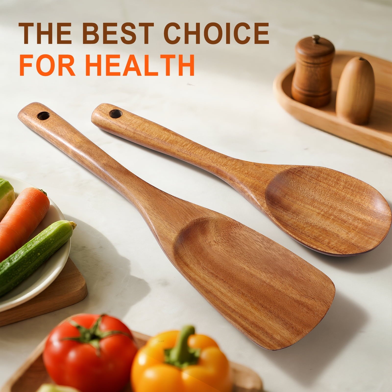 ACMETOP Wooden Spoon Utensils with Thick Handle, Set of 2, Wood Spatula for Frying Scraping and Mixing, Wooden Kitchen Cooking Utensils for Nonstick Cookware