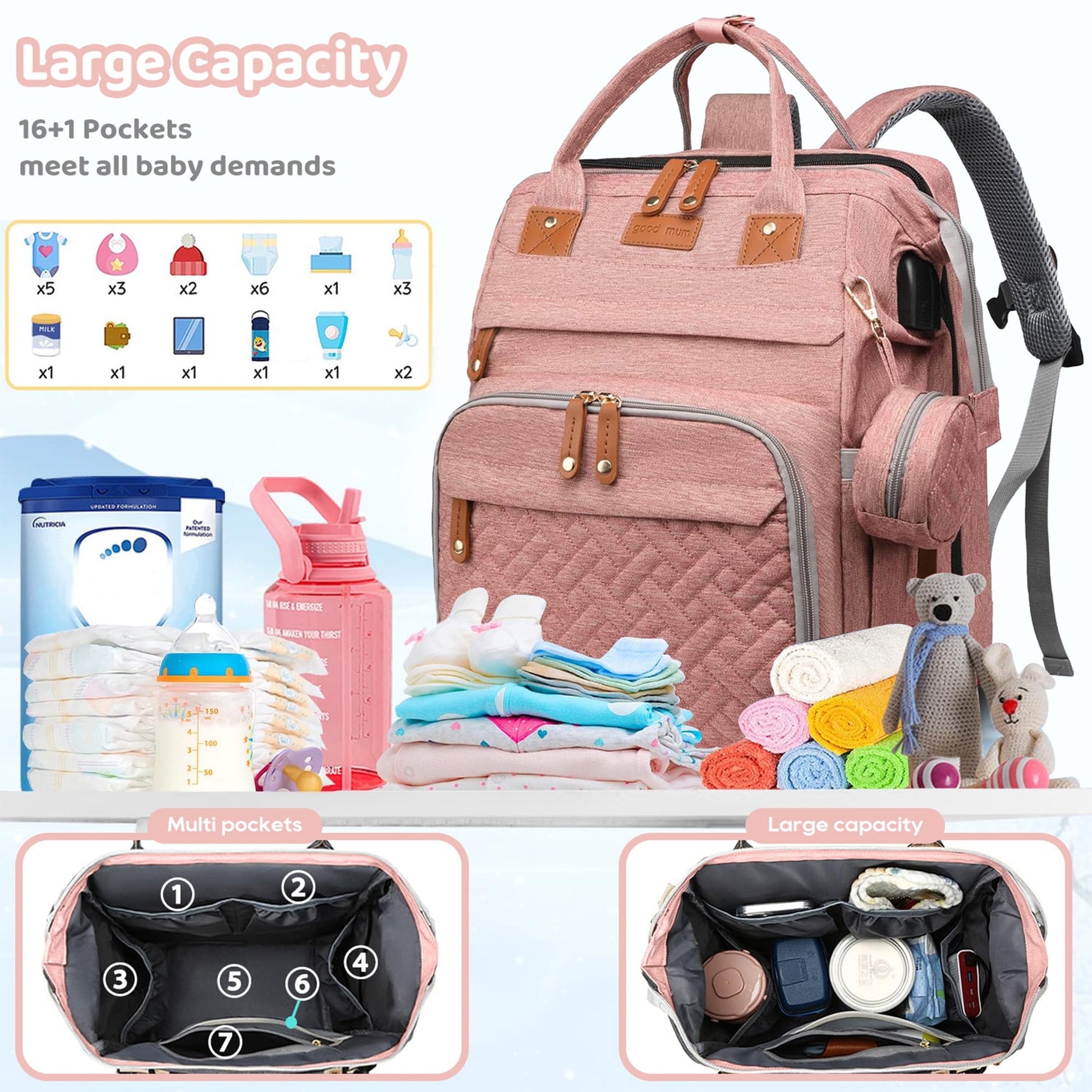 Morfone Baby Diaper Bag Backpack with Changing Station, Large Capacity Baby Bag, Waterproof Travel Backpack with USB Charging Port, Stroller Straps , Baby Shower Gifts