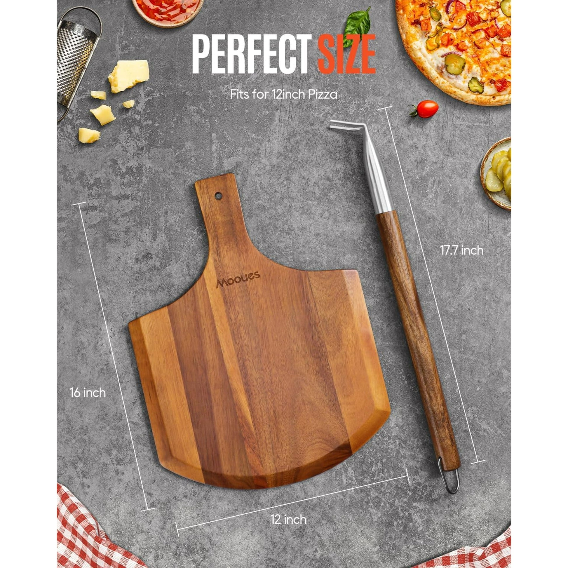 Morfone Pizza Peel 12 inch, Wood Pizza Board Wooden Pizza Paddle Spatula Oven Accessory for Baking Homemade Pizza, Wood Cutting Board for Cheese Bread Fruit Vegetables
