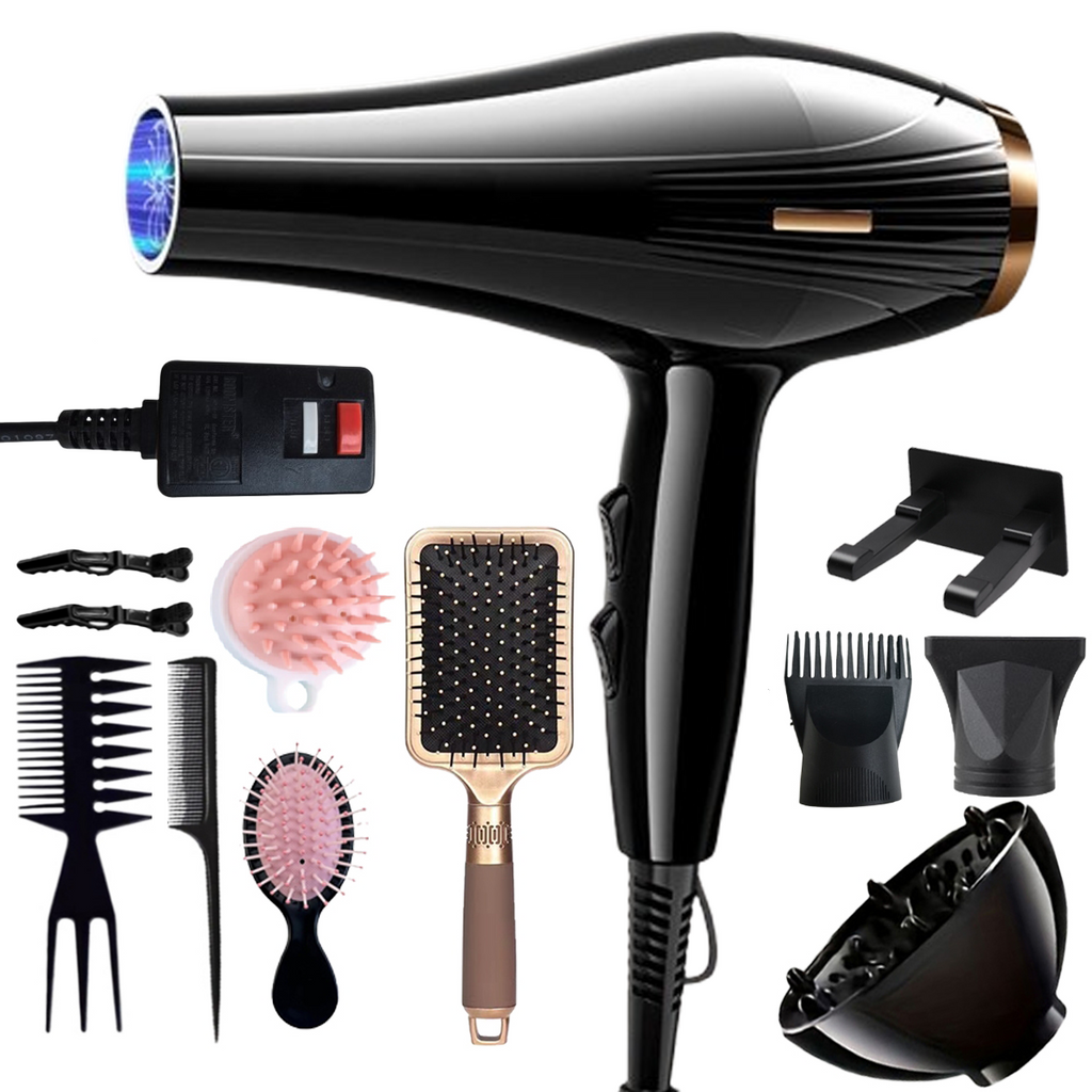 Morfone 12pcs-in-1 multi-function hair dryer with comb and hair clips, featuring high power and capable of both heating and cooling.