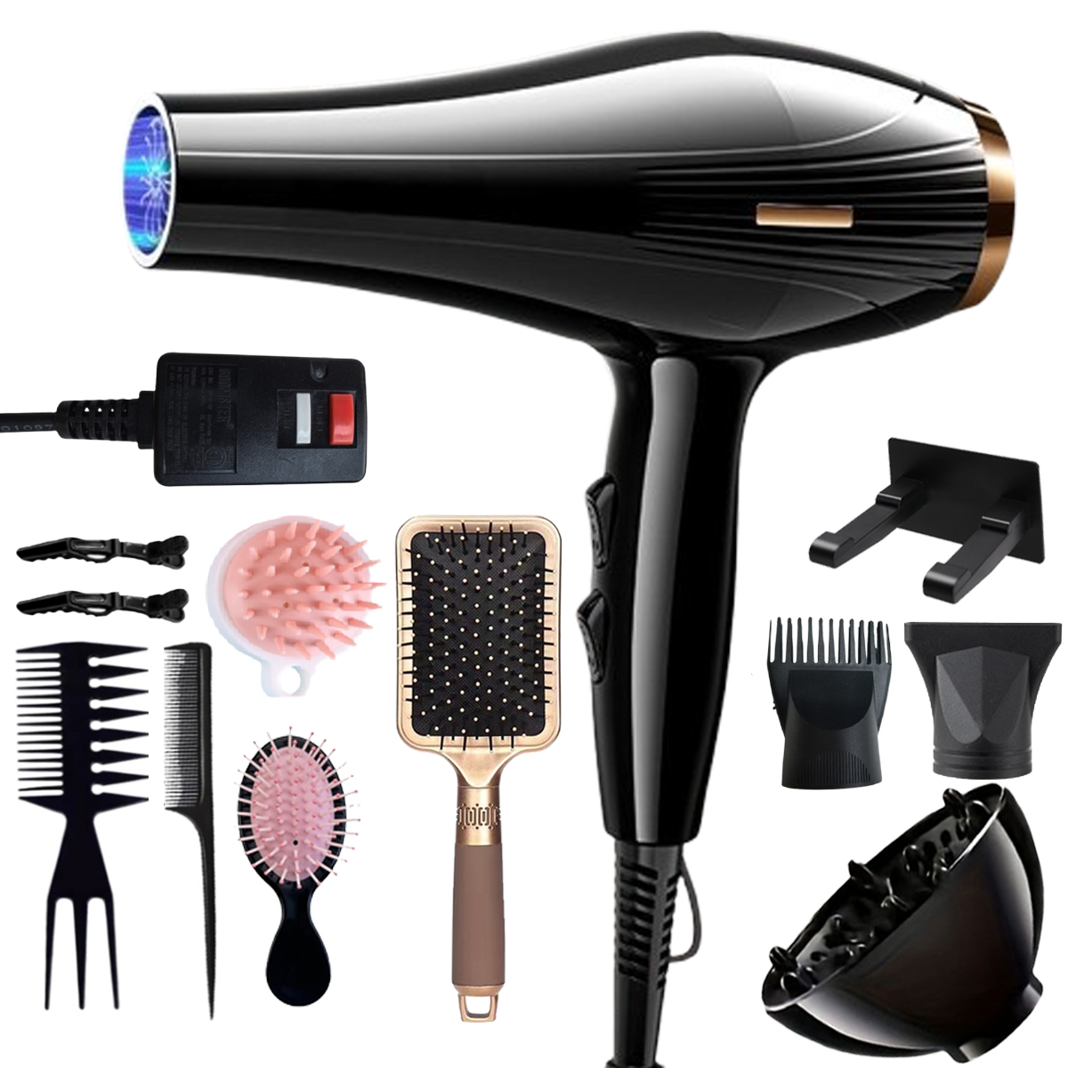Morfone 12pcs-in-1 multi-function hair dryer with comb and hair clips, featuring high power and capable of both heating and cooling.