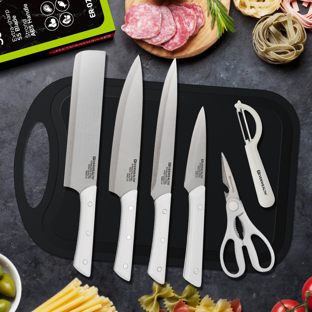 Mooues Home Kitchen 7-Piece Stainless Steel Set with Cutting Board, Small Kitchen Knife, Scissors, Melon Slicer & Fruit Knife Combo Set