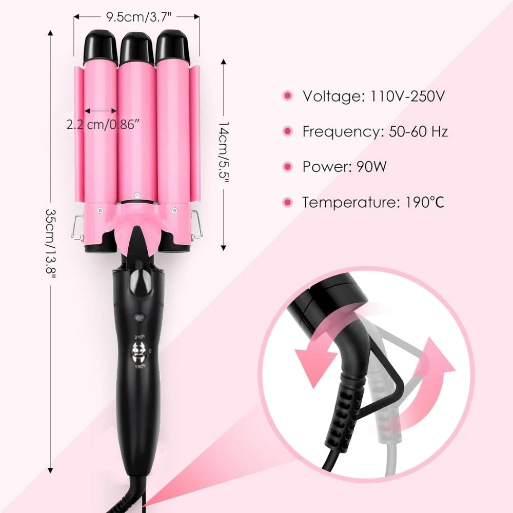 Morfone 22mm Triple-Barrel Curling Iron Adjustable-Temperature Ceramic Curler Large-Barrel Curler for All Hair Types Rapid-Heat Curling Iron (Pink)