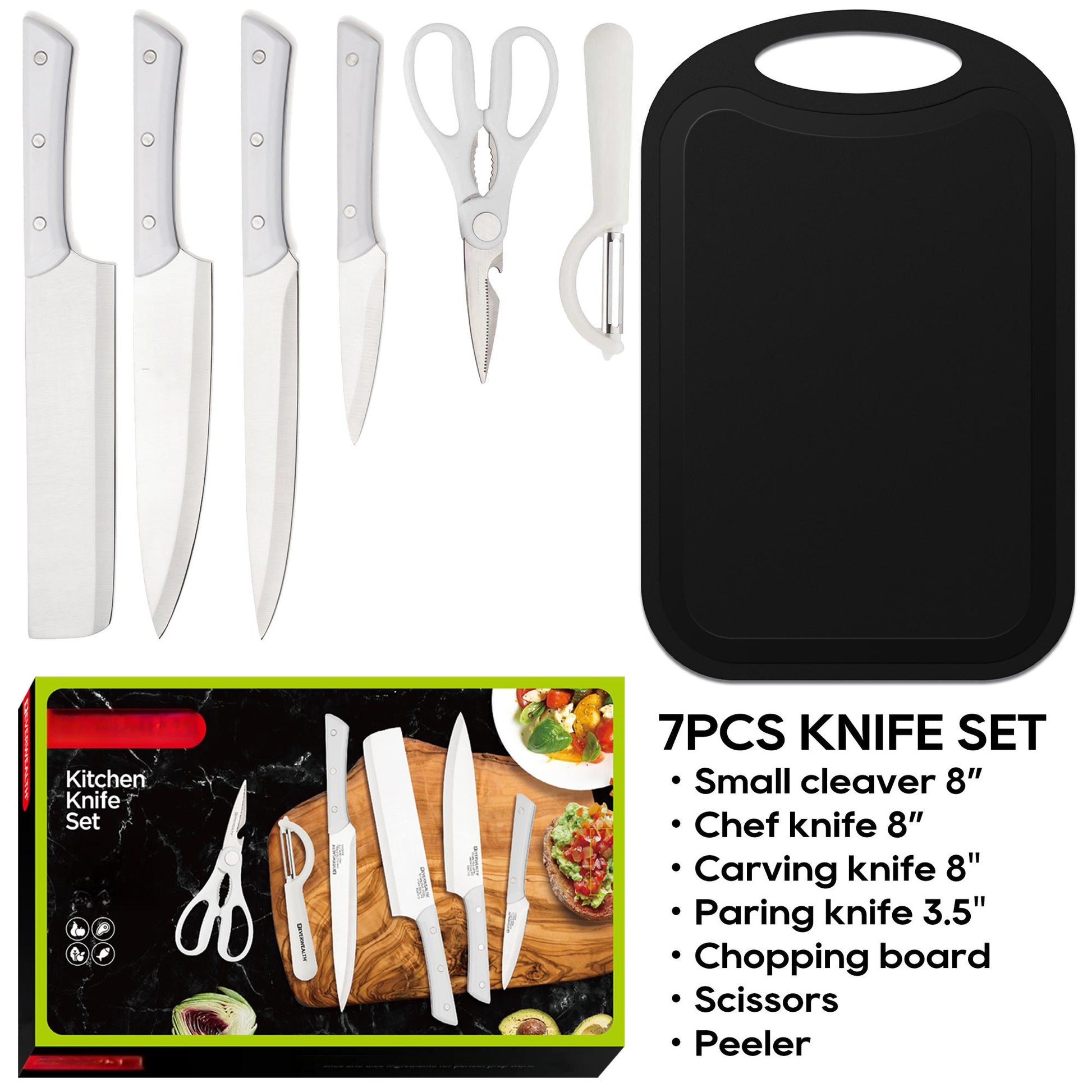 Mooues Home Kitchen 7-Piece Stainless Steel Set with Cutting Board, Small Kitchen Knife, Scissors, Melon Slicer & Fruit Knife Combo Set
