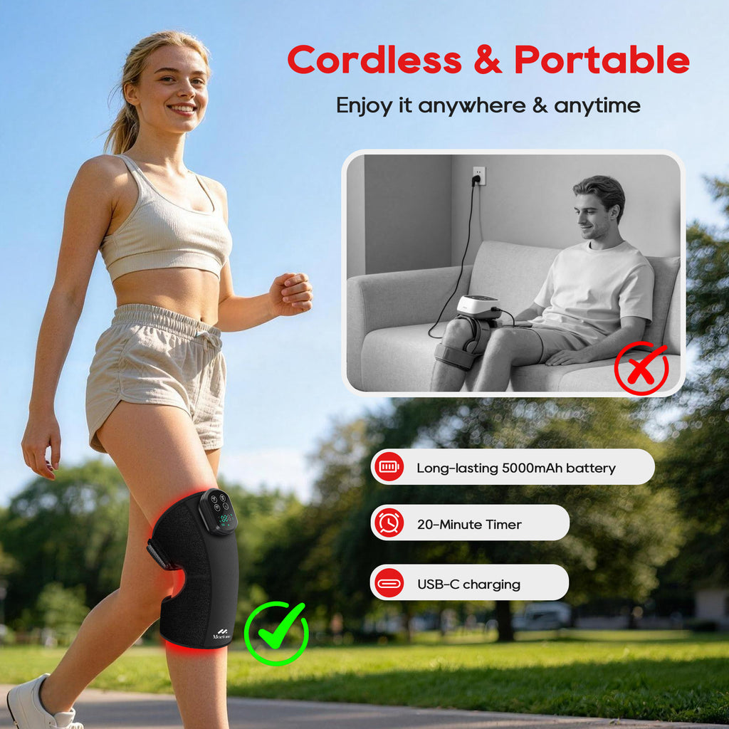 Morfone Cordless Red Light Knee Massager with 3 Heat & 3 Vibration, 660nm & 850nm Infrared Light Knee Brace with Timer，Ideal Gift for Women Man