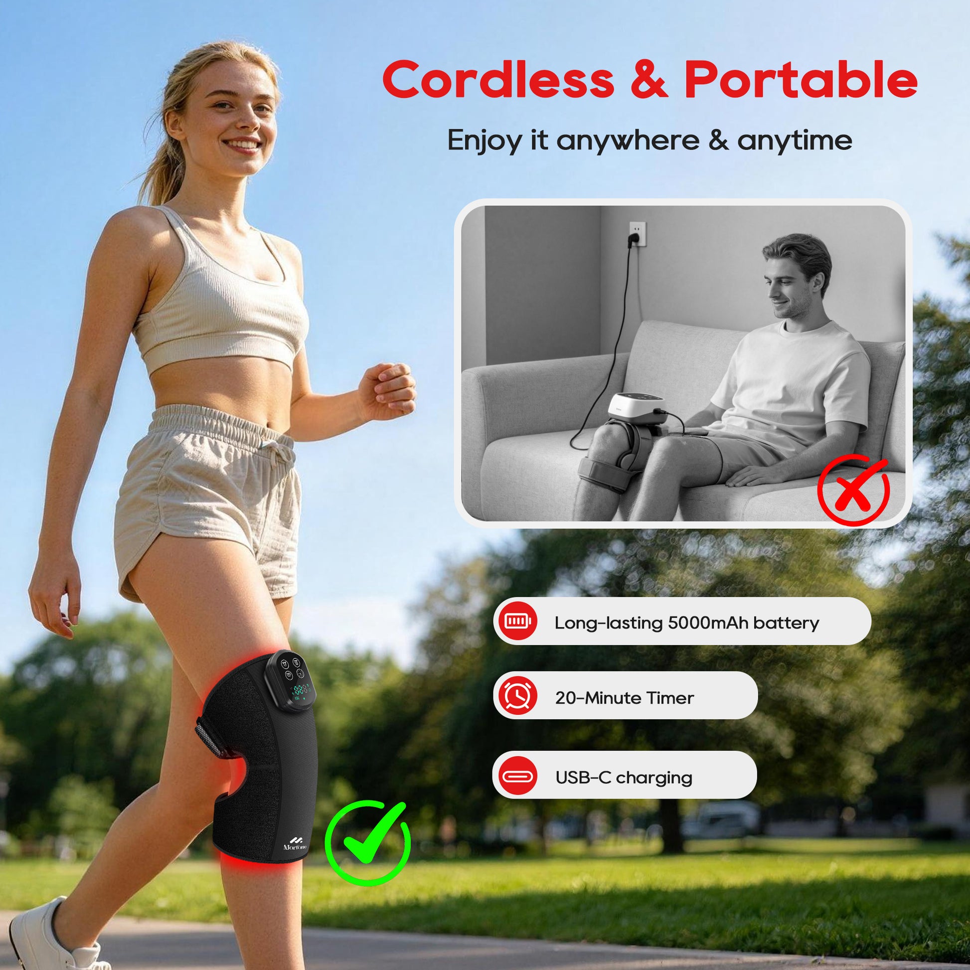 Morfone Cordless Red Light Knee Massager with 3 Heat & 3 Vibration, 660nm & 850nm Infrared Light Knee Brace with Timer，Ideal Gift for Women Man