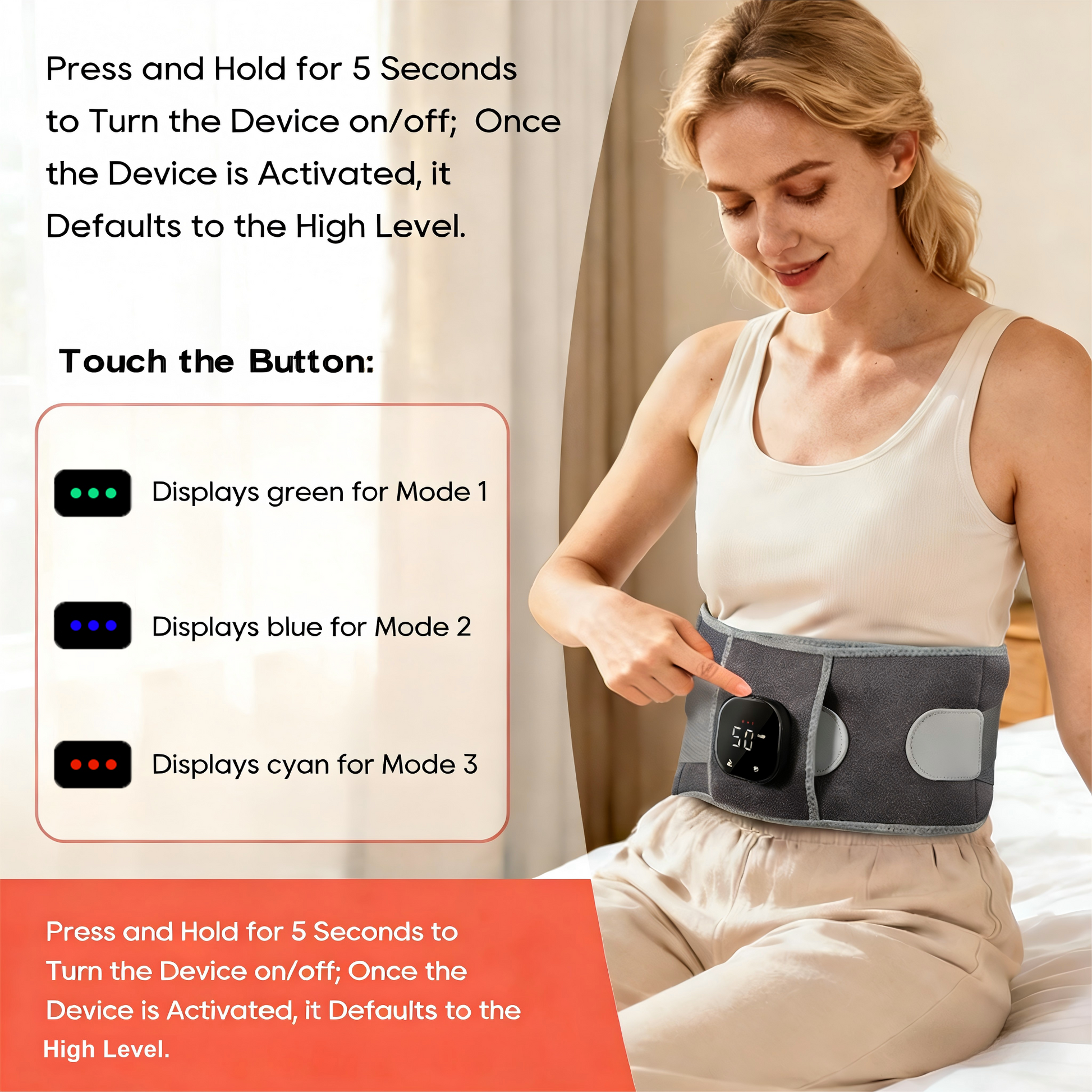 Morfone 660nm Wireless Red Light Therapy Belt. Features timer settings and three adjustable intensity levels—suitable for full-body use