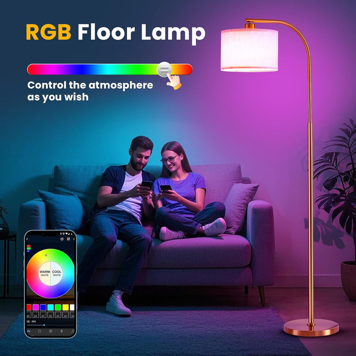 ACMETOP Floor Lamp for Living Room with Remote,Dimmable Tall Standing Lamps,Modern Floor Light with Smart RGB Bulb,App Control,3 Color Temperatures,Fabric Shades