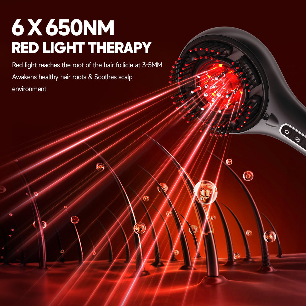 Morfone scalp massager and liquid applicator with red light electric scalp massage comb. 6 EMS roller balls + 650nm red light massage comb.