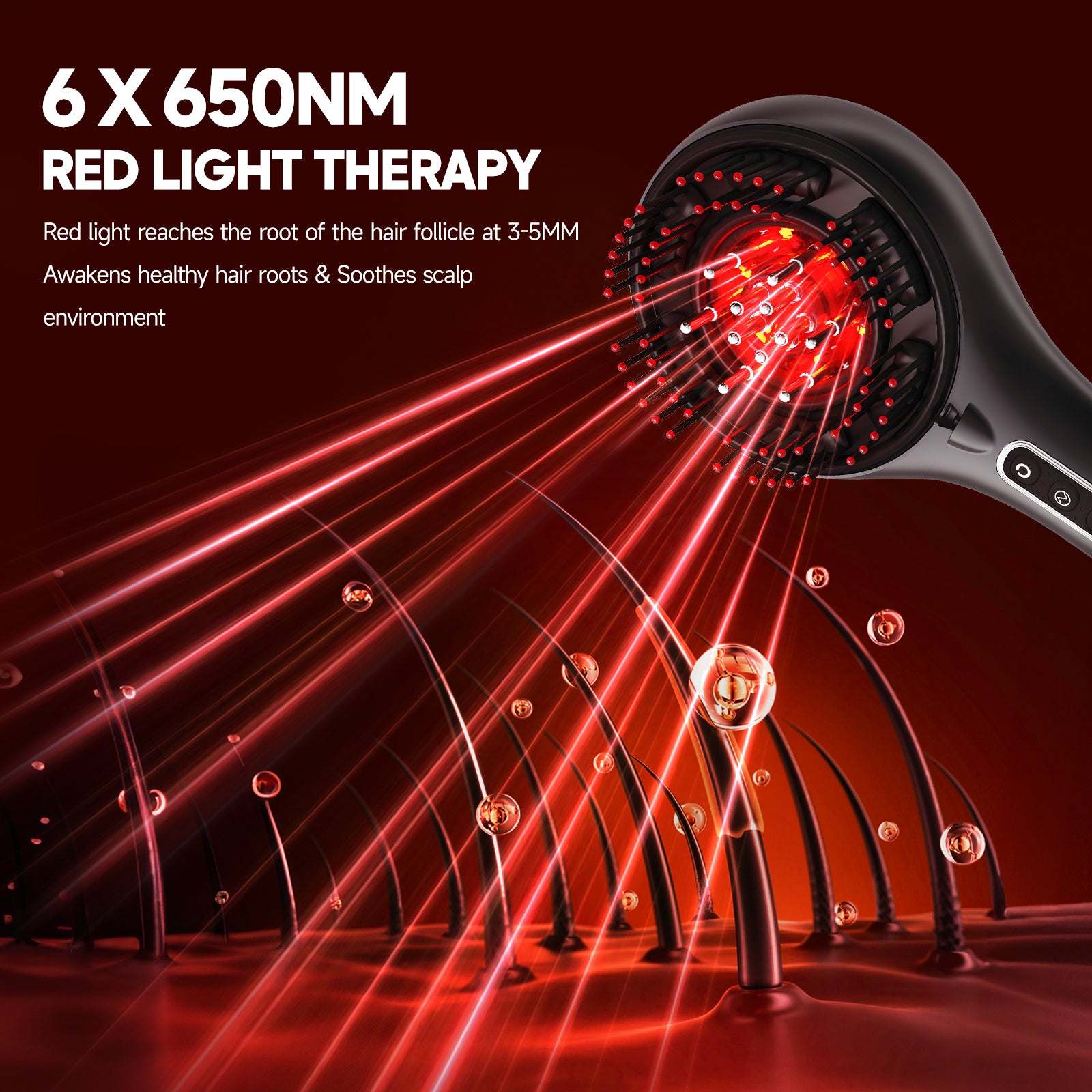 Morfone scalp massager and liquid applicator with red light electric scalp massage comb. 6 EMS roller balls + 650nm red light massage comb.