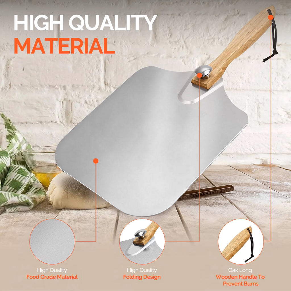 ACMETOP Pizza Peel 14 inch, Aluminum Metal Pizza Paddle Spatula with Foldable Wood Handle Rocker Cutter, Pizza Oven Accessories for Baking Homemade Pizza Bread