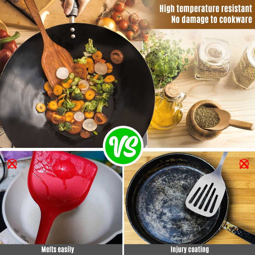 Mooues 9-Piece Natural Teak Wood Kitchen Utensil Set with Spoon Holder — Comfortable Grip Cooking Spoons and Utensil Storage Rack. Housewarming Gift