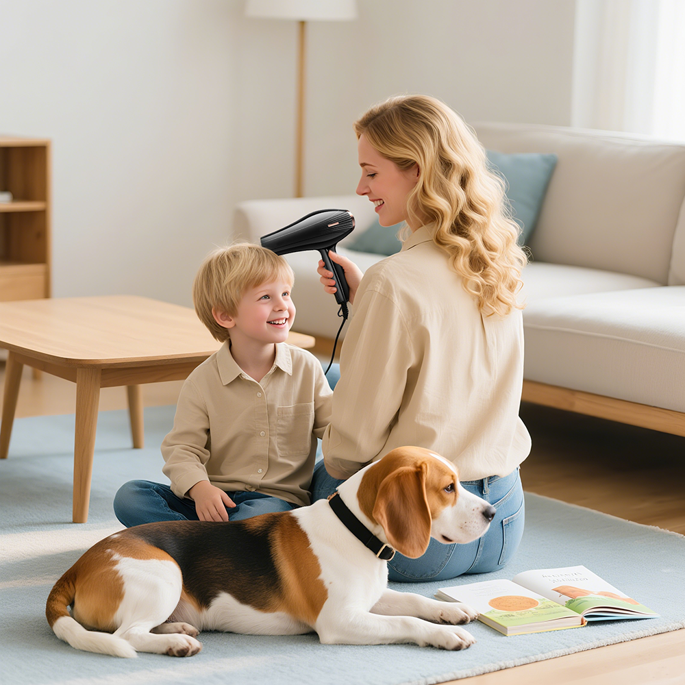 Morfone 12pcs-in-1 multi-function hair dryer with comb and hair clips, featuring high power and capable of both heating and cooling.