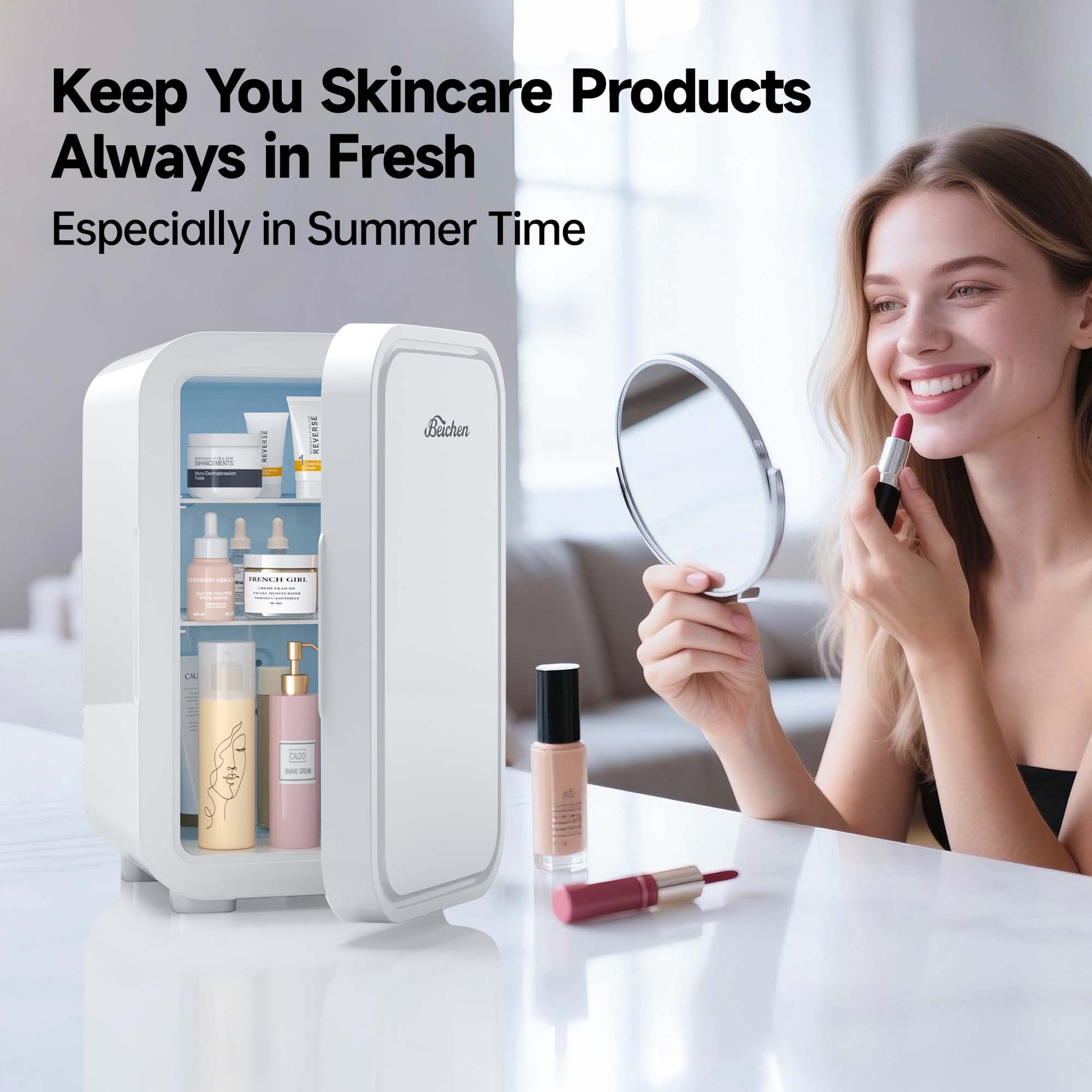BEICHEN Mini Fridge, 6 Liter/8 Can Small Fridge, AC/DC Portable Skincare Fridge, Cooler and Warmer Refrigerators for Bedroom, Skincare, Beverage, Office, Dorm, Car