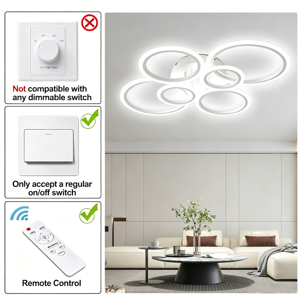 Anoak Ceiling Light, Dimmable Modern LED Ceiling Light with Remote Control, 30.7" 6-Ring Light Fixture for Living Room, Dining Room, Bedroom, Kitchen