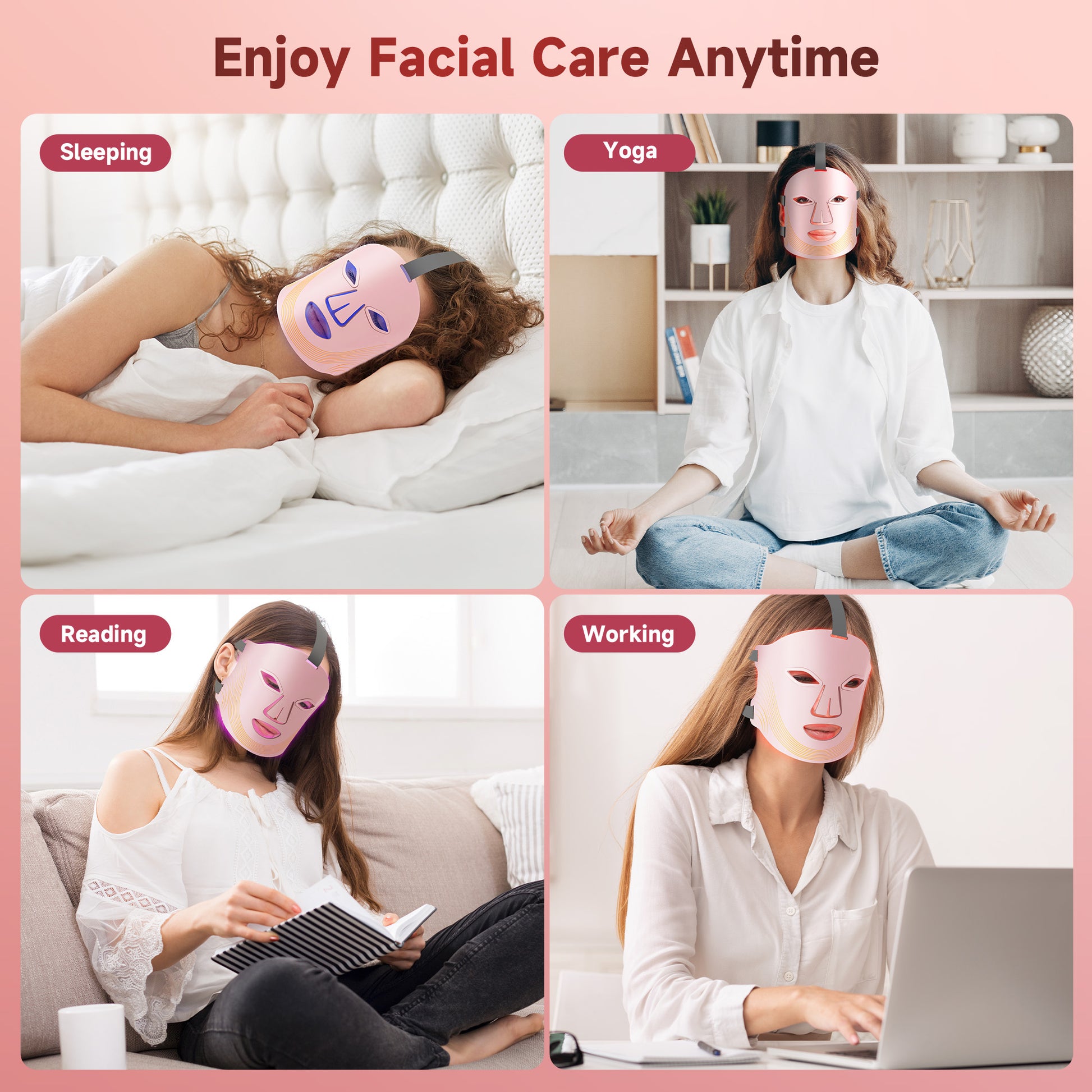 Morfone 4-mode LED facial red light therapy lamp. Portable care set with remote control, suitable for home and travel skin therapy（Pink）