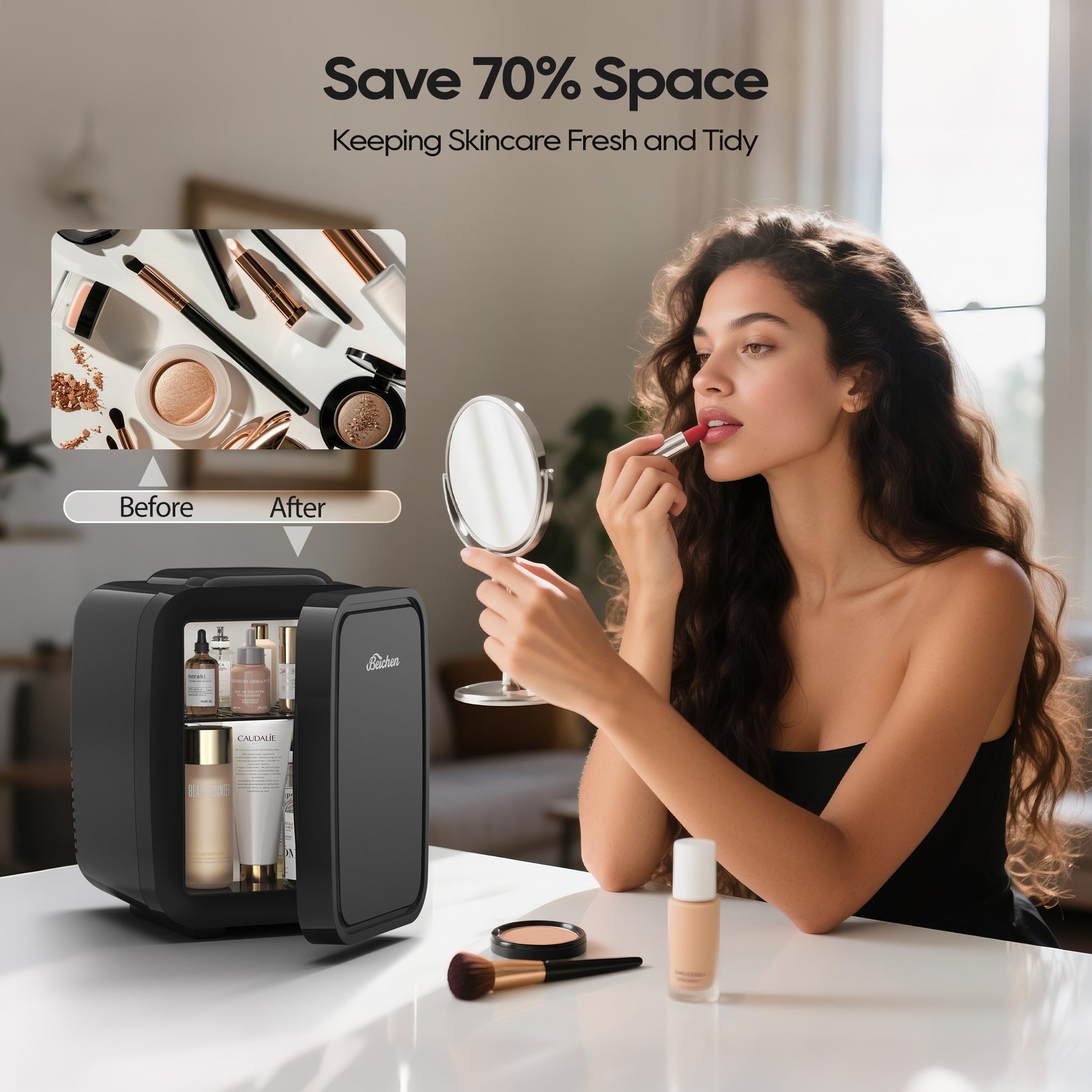 BEICHEN Mini Fridge, 4L/6 Can Small Refrigerator for Bedroom, Car, Office & Dorm,110V AC/ 12V DC Thermoelectric Cooler and Warmer for Cosmetics, Beverage and Food, Black