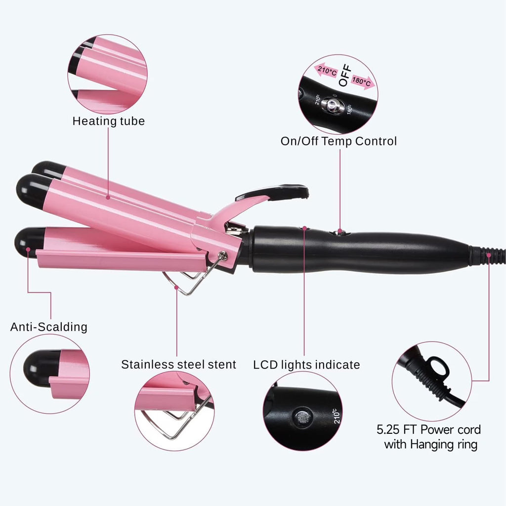 Morfone 3 Jumbo Barrel Curling Iron Wand 22mm Hair Waver Temperature Adjustable Ceramic Big Waves Hair Crimper (Pink)