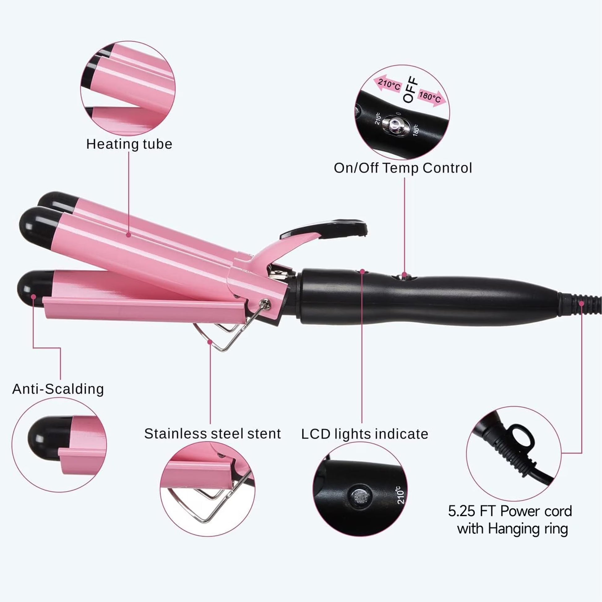 Morfone 3 Jumbo Barrel Curling Iron Wand 22mm Hair Waver Temperature Adjustable Ceramic Big Waves Hair Crimper (Pink)