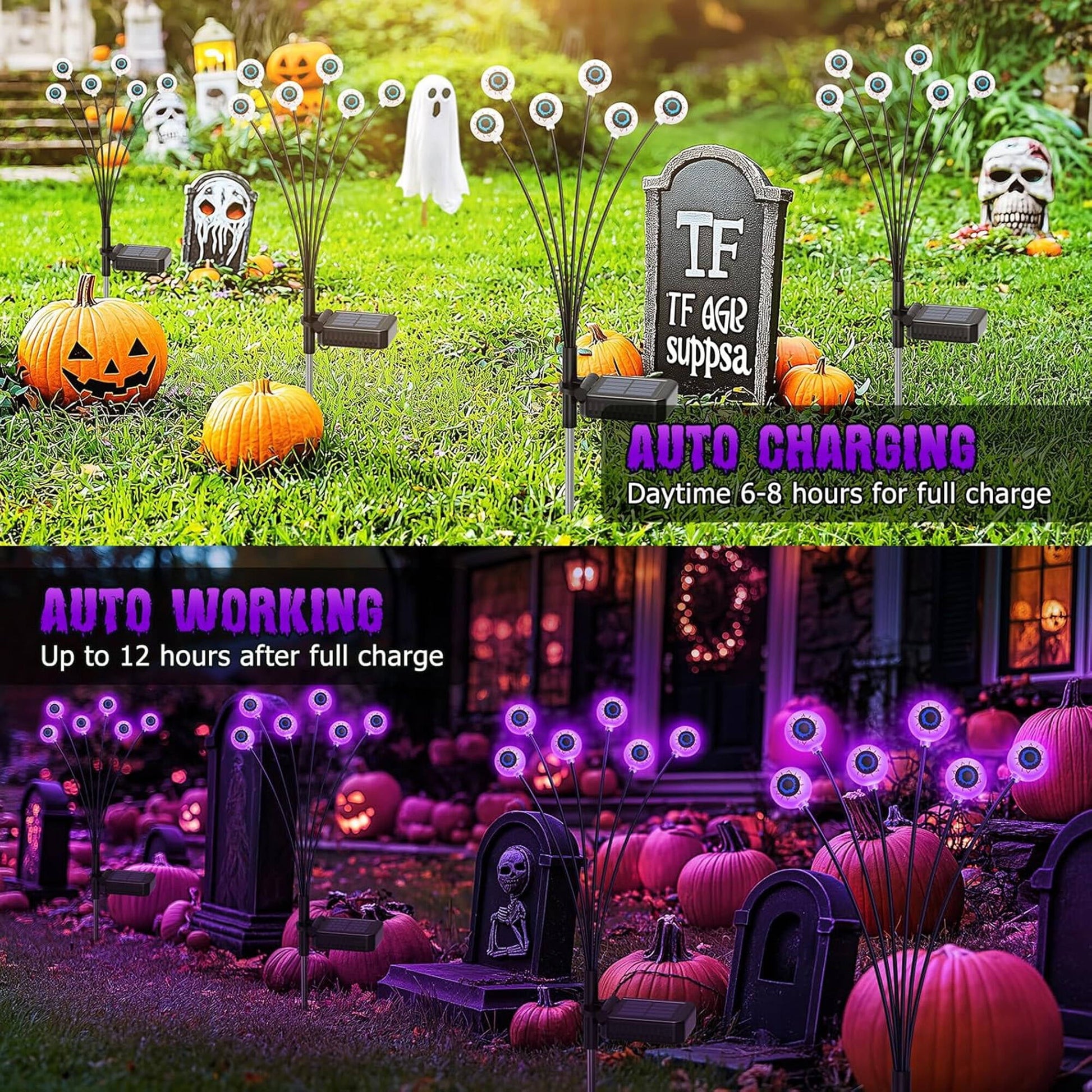 ACMETOP Halloween Decorations Outdoor, 2 Pack 12 LED Scary Eyeball Solar Halloween Lights, 2 Mode Waterproof Swaying Outside Decor, Solar Light Decorations for Garden Yard Party