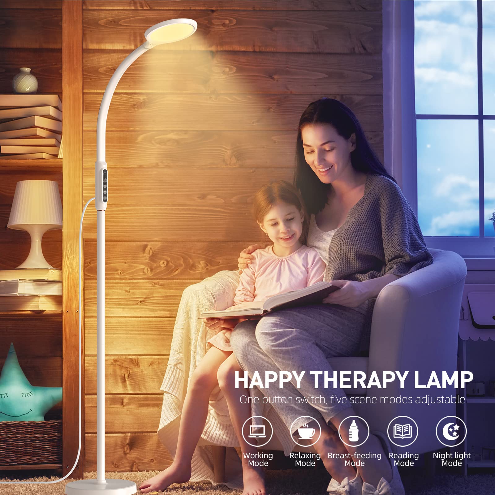 Morfone LED Full-Spectrum Happy Therapy Lamp. 10 adjustable brightness non-UV sunlight lamps, retractable floor-mounted phototherapy lamp