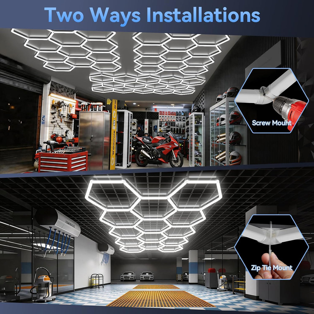 Hexagon 5000K LED Garage Lights: 25 Pack 1.31-inch Wider Size,26300LM Super Bright Hex Lighting Ceiling LED Shop Light for Garage, Car Detailing, Workshop, Warehouse, Gym, Basement