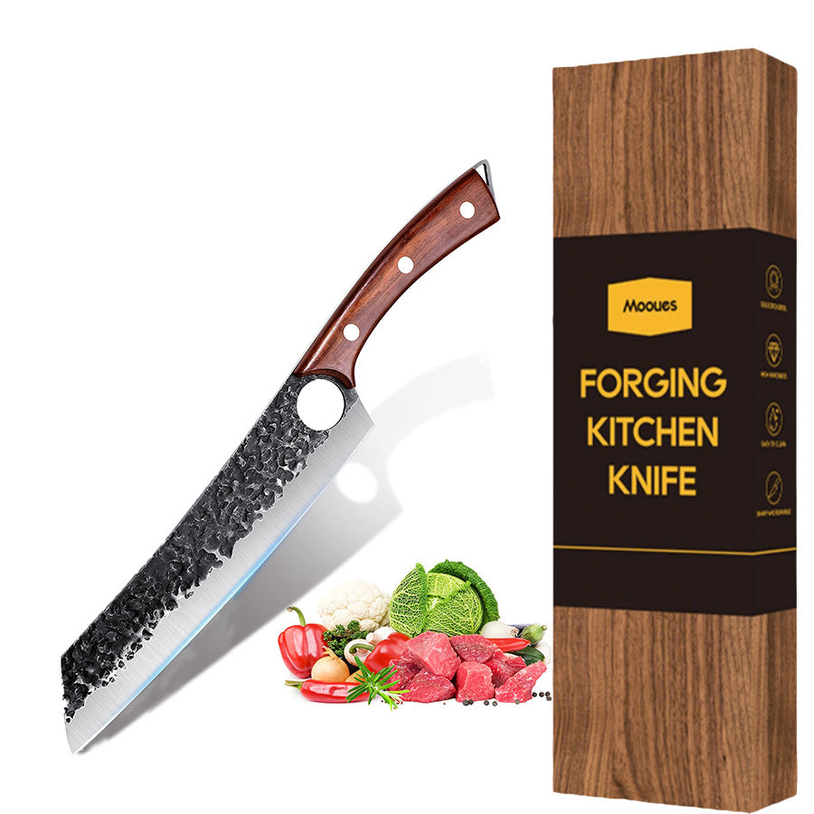Mooues 2.2mm, 16° double-bevel high-carbon steel hand-forged knife, meat and vegetable slicing knife, finger hole design culinary kitchen knife