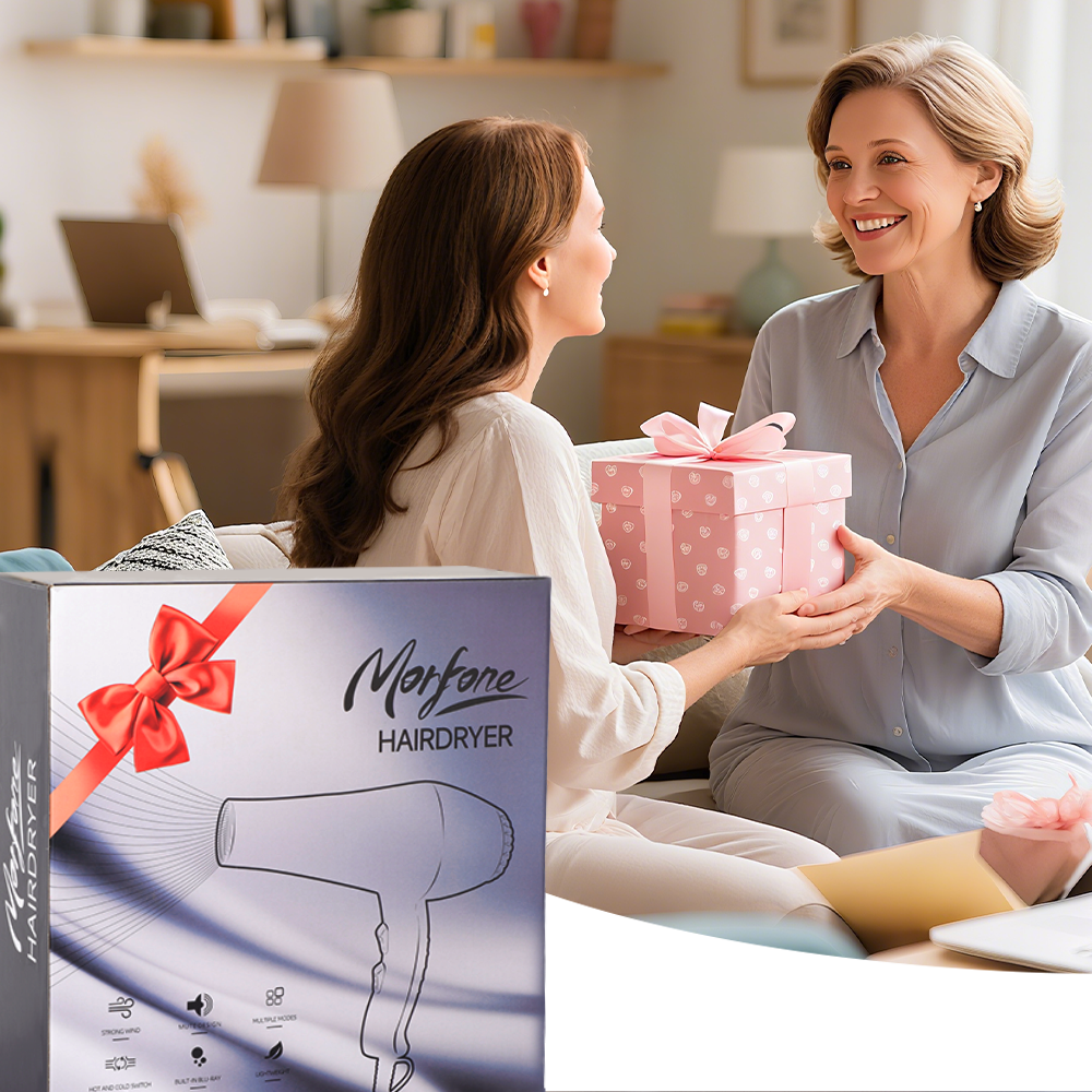 Morfone 12pcs-in-1 multi-function hair dryer with comb and hair clips, featuring high power and capable of both heating and cooling.