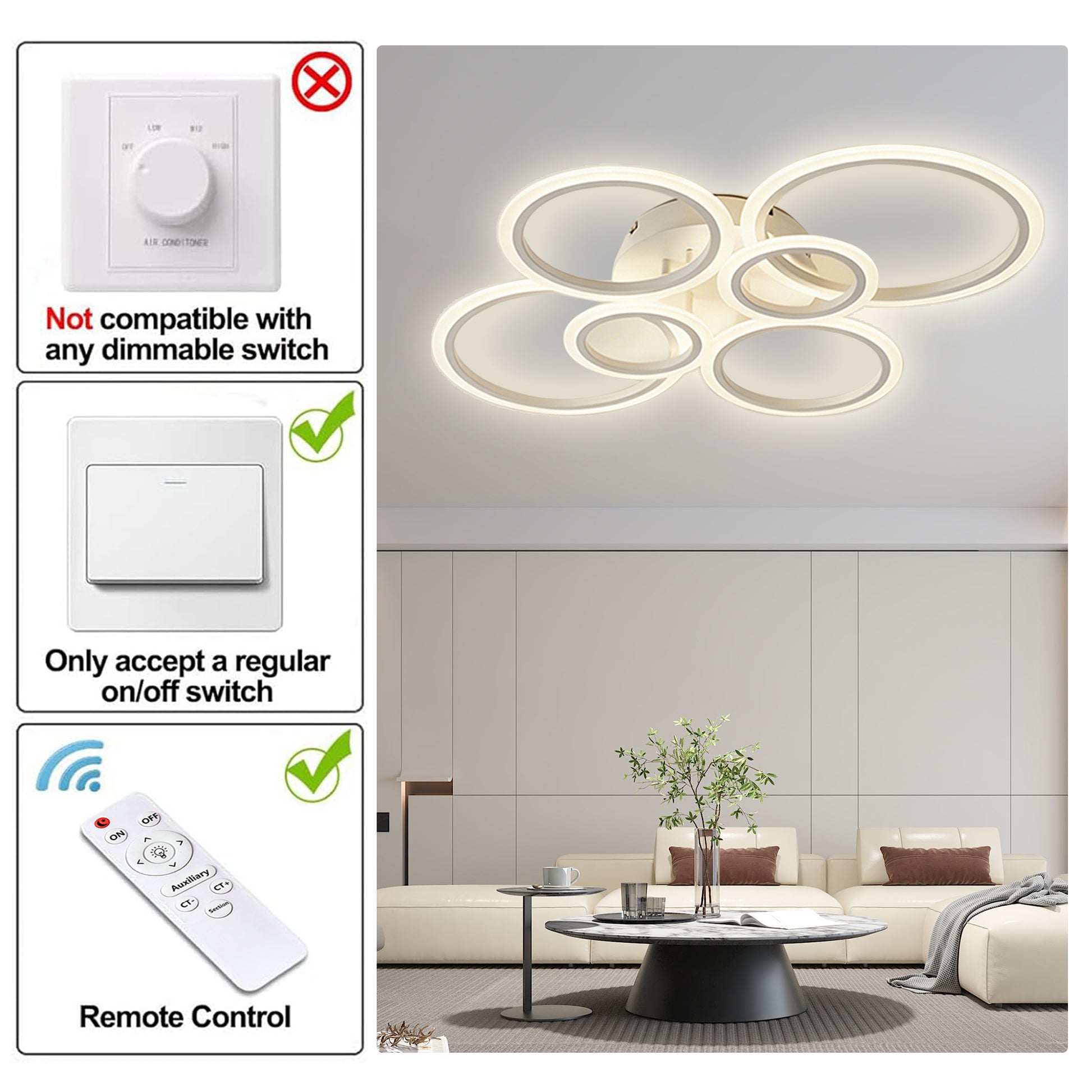 Anoak LED Ceiling Light with Remote 7 Rings White Close to Ceiling Lights 31.8" 130W 3000K-6500K Flush Mount Ceiling Lamp for Living Room,Bedroom,Kitchen