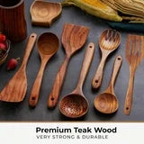Wooden Spoons for Cooking - 9-Piece Wooden Kitchen Utensil Set made of Natural Solid Wood Material - Includes Spoons, Spatulas, Ladles, Strainer Spoon, Salad Fork, Mixing Spoon and Utensil Holder