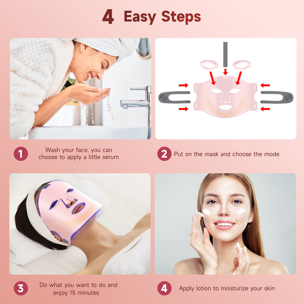 Morfone 4-mode LED facial red light therapy lamp. Portable care set with remote control, suitable for home and travel skin therapy（Pink）